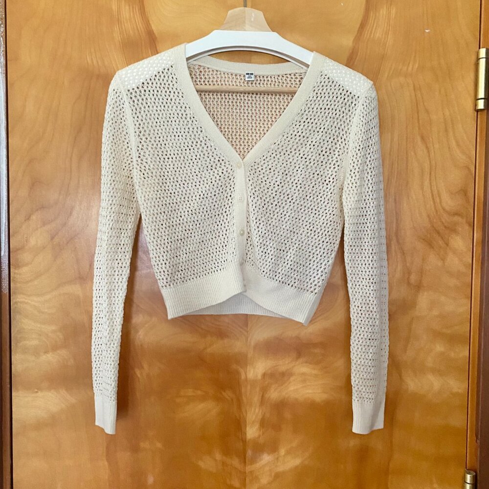Uniqlo Women's XXS Mesh V-Neck Short Cardigan Sheer Off White Cream Linen